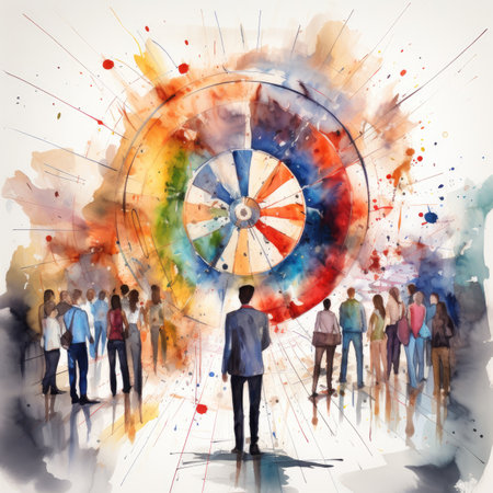 Business people and dartboard. Digital watercolor painting. Success conceptの素材