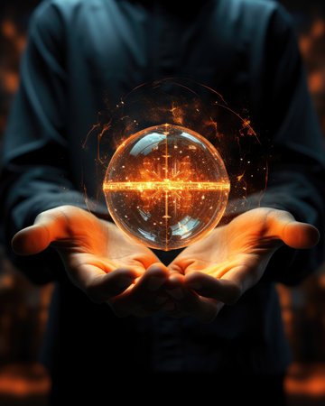 Businessman holding a crystal ball in his hands.の素材