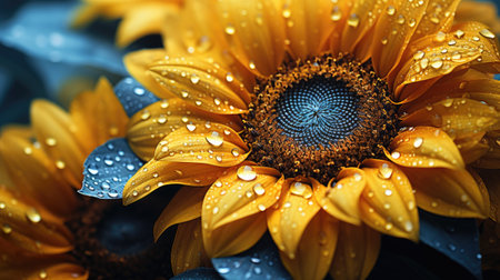 Beautiful sunflower with dew drops close up. Nature backgroundの素材