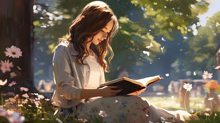 Beautiful young woman reading a book in the park on a sunny dayの素材