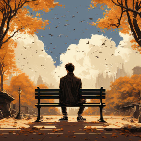 Young man sitting on a bench in the autumn park.の素材