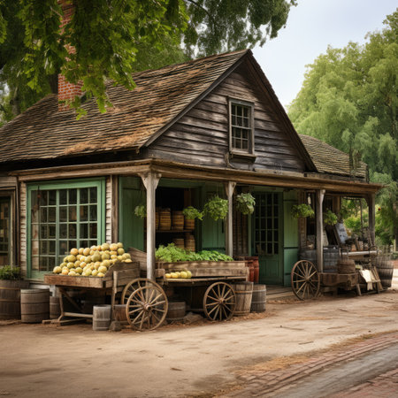 Old wooden house with fruits and vegetables in the countryside. Vintage style.の素材
