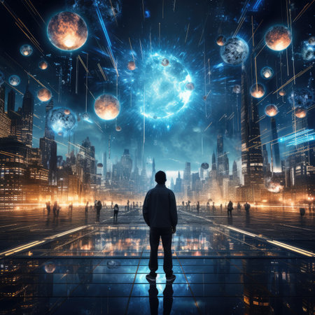 Back view of businessman looking at planet in space.の素材