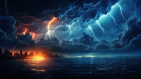Lightning in the sky over the lake.の素材