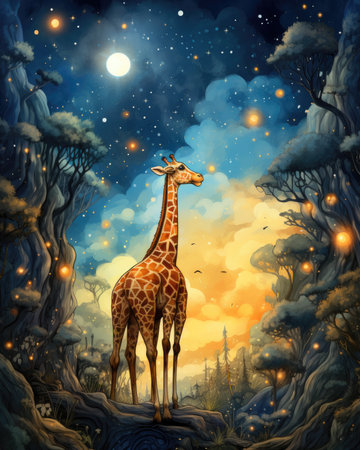 a giraffe standing in the forest at night.の素材