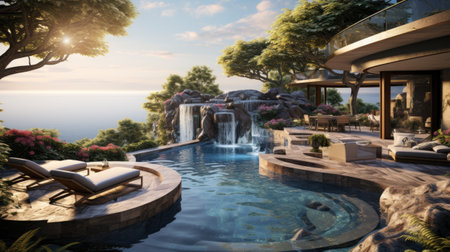 Swimming pool in luxury villa with sea view.の素材