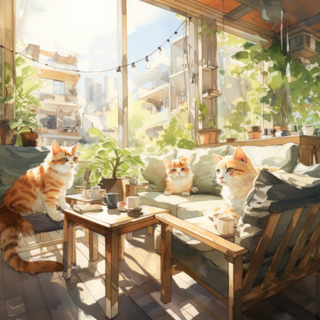 Two cats sitting on the terrace of a coffee shop and drinking coffeeの素材