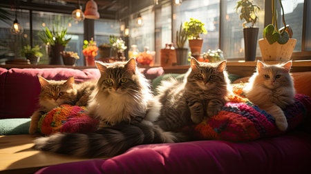Group of three persian cats sitting on sofa in cozy living roomの素材