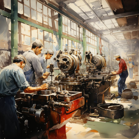 Oil painting of workers working on lathe machine in a factory.の素材
