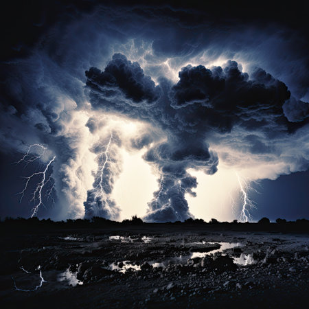 Image of stormy sky with lightning and thunderclouds at nightの素材