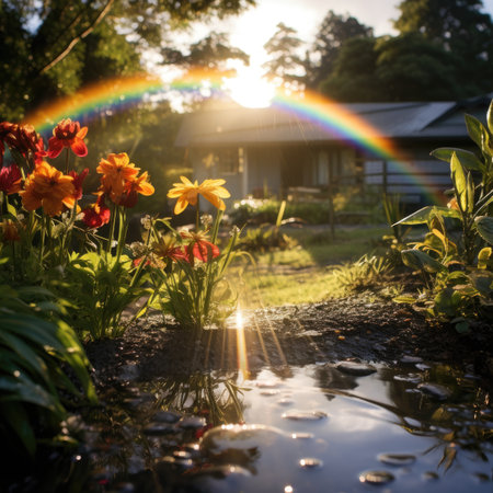 Rainbow in the garden with sunbeams and flowers in the foregroundの素材