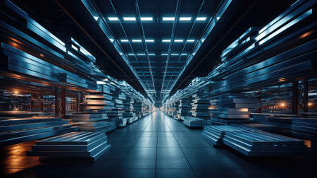 a warehouse interior at night with blue lights in the backgroundの素材
