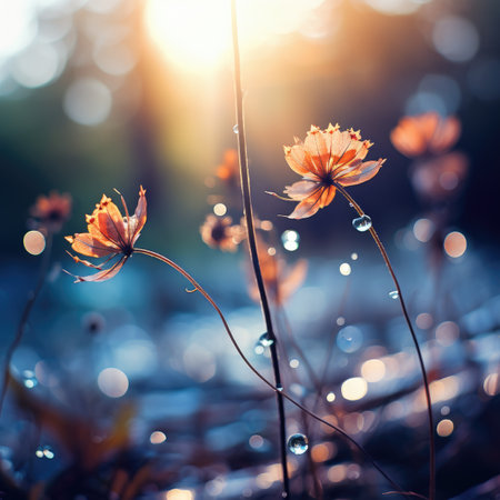 Beautiful spring flowers with dew drops on bokeh backgroundの素材