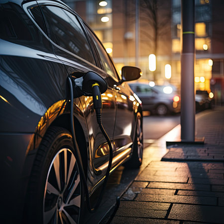 Charging an electric car in the city at night, close-upの素材
