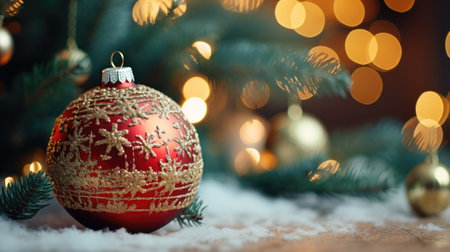 Christmas decoration with fir tree branches and bokeh lights on backgroundの素材
