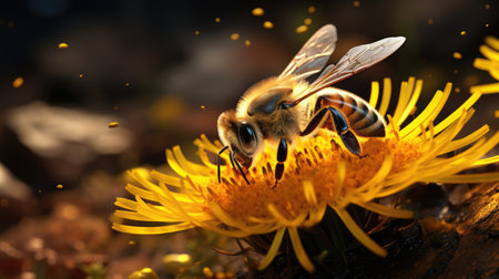 Honey bee on yellow flower. Macro shot of a bee pollinating a yellow flower.の素材