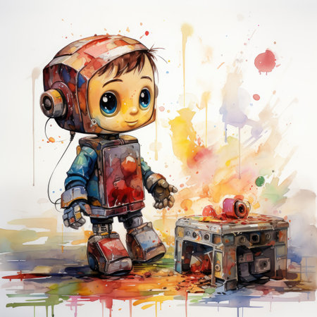 Watercolor Cute little boy playing with a robot.の素材