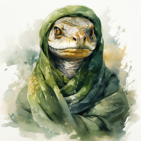 The head of a snake in a green scarf. Digital watercolor painting.の素材