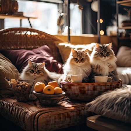 Cute persian kittens sitting on a wicker chair with a cup of coffee and orangesの素材