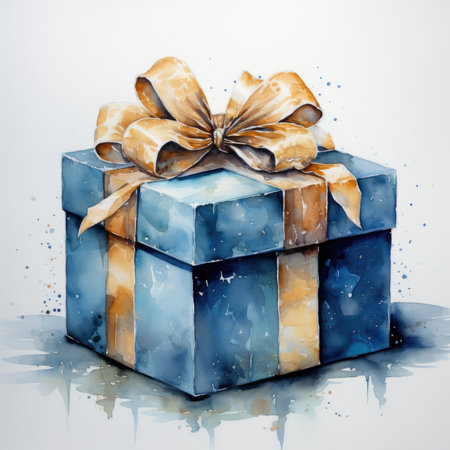 Watercolor Blue gift box with bow on white background.の素材