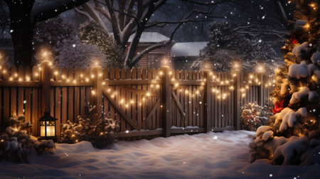 Snowy garden with christmas tree and wooden fence at night.の素材