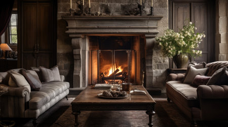Cozy living room with fireplace and comfortable sofa. Vintage style.の素材