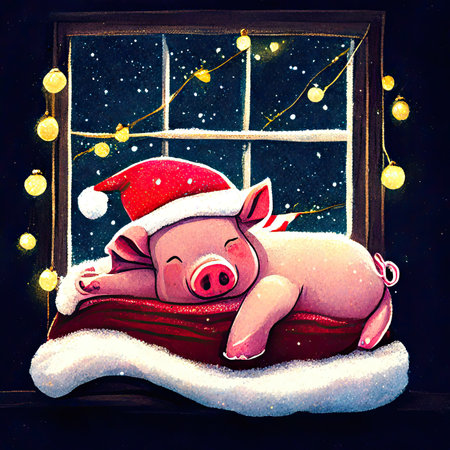 Pig in Santa Claus hat on the windowsill. Christmas illustration.の素材