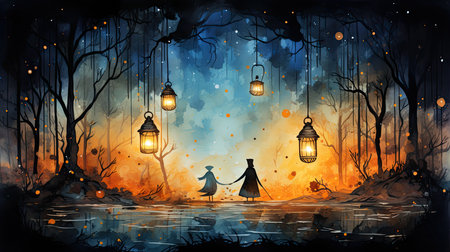 Halloween background with witch in the forest.の素材