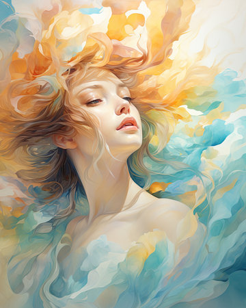 Portrait of a beautiful girl with long wavy hair.の素材