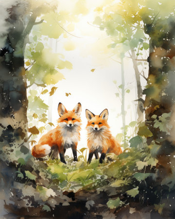 Watercolor two foxes in the forest.の素材