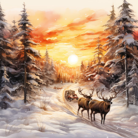 a winter landscape with reindeer in the forestの素材