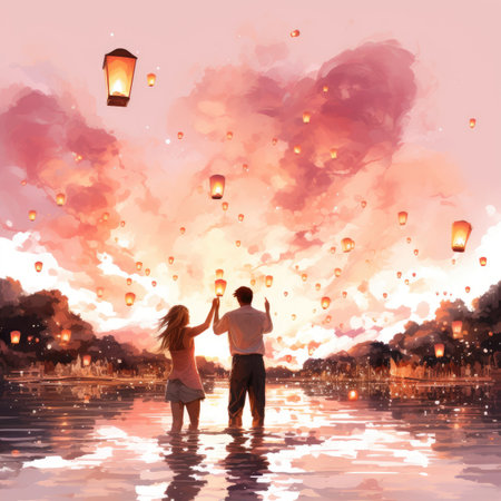 Couple floating lanterns in the sky, New Year's Eveの素材