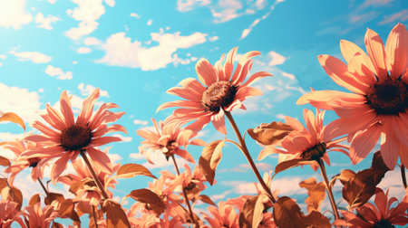 Sunflowers on blue sky background.の素材