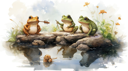 Watercolor three frogs sitting on a rock in the waterの素材