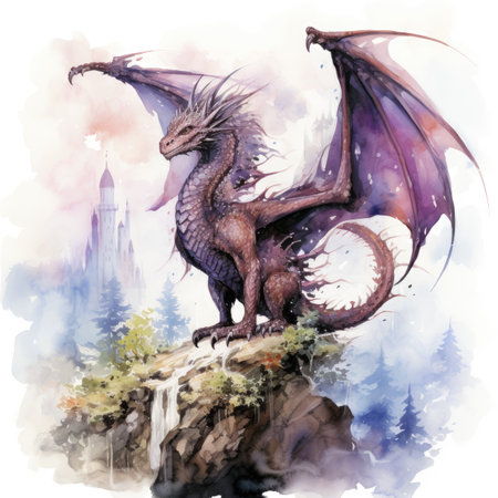 Watercolor dragon on a cliff with a city in the backgroundの素材