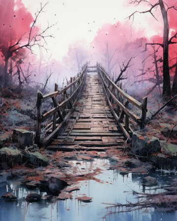 Watercolor Wooden bridge in the autumn forest.の素材