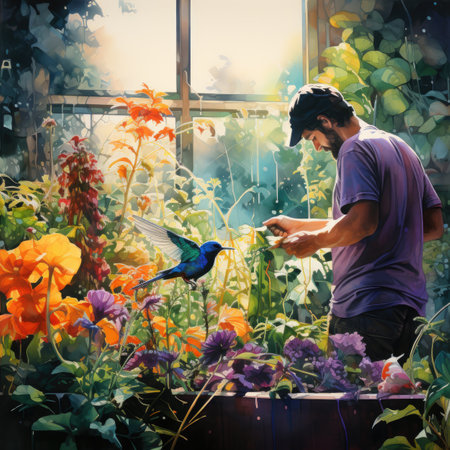 Male gardener taking care of plants in the greenhouse at sunset.の素材