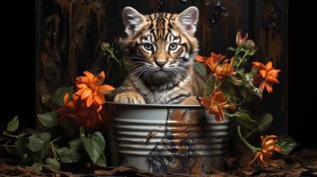 Cute tiger cub in a pot with flowers. Studio shot.の素材