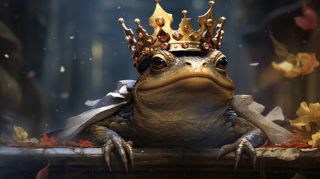 Frog with crown in a shop window.の素材