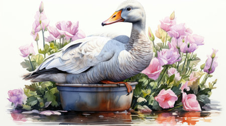 Watercolor white goose in a pot with pink flowersの素材