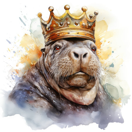 Watercolor portrait of a dog with a crown on his head.の素材