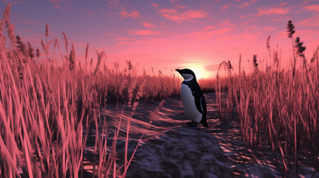 Penguin in the reeds at sunset.の素材