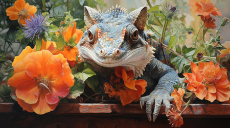 chameleon and flowers in a potの素材