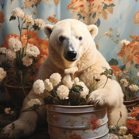 Polar bear in a pot with flowers on a background of a curtainの素材