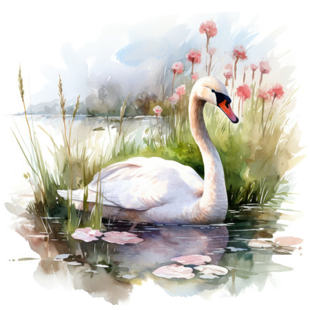 Watercolor Swan on the lake.の素材
