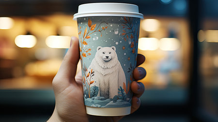 Female hand holding paper cup of coffee with floral pattern.の素材