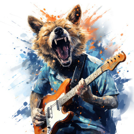 Cartoon illustration of a dog playing the electric guitar on a white backgroundの素材