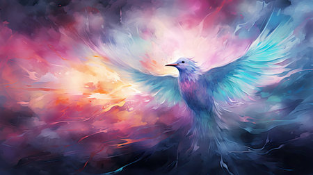 Pigeon flying in the sky. Colorful background.の素材