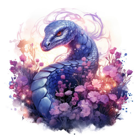 Watercolor fantasy dragon on a background of flowers.の素材