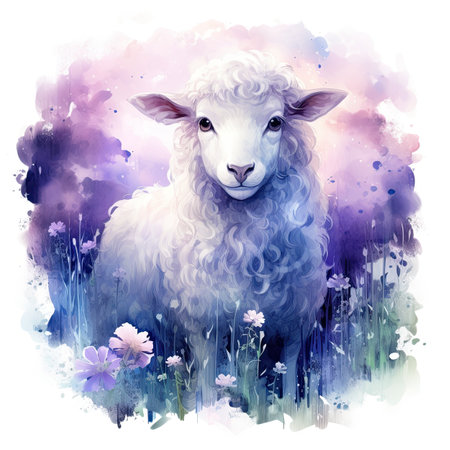 Watercolor sheep in the meadow with flowers.の素材